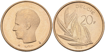 Бельгия 20 франков 1992 Belgie KM 160 никель бронза UNC 189-1013