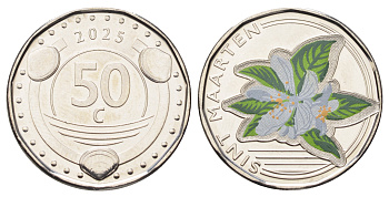 Сен-Мартен 50 центов 2025 орхидея, цветная KM NEW никелированная сталь  UNC  M74-09