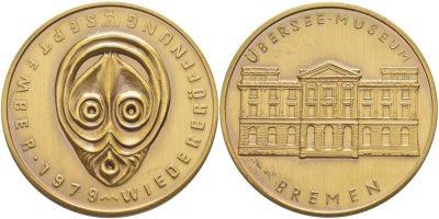ГЕРМАНИЯ МЕДАЛЬ 1979 ВОССТАНОВЛЕНИЕ ЗАМОРСКОГО МУЗЕЯ В БРЕМЕНЕ, В СЕНТЯБРЕ 1979 ГОДА, ДИАМЕТР 40,5 ММ. жёлтый металл 1071-10-11