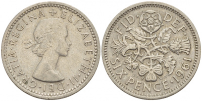 Великобритания 6 пенсов 1961 Елизавета II (1952-2022) KM 903, Spink 4149 медно-никель 4392-127