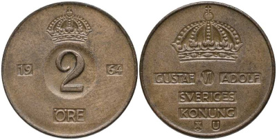 Швеция 2 эре 1964 U, Густав VI Адольф (1950-1973) KM 821 бронза 202-645