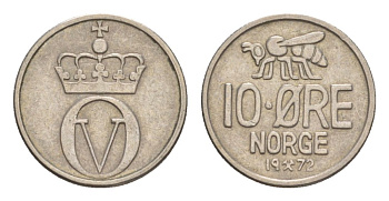 Норвегия 10 эре 1972 Улаф V (1957-1991) KM 411 медно-никель 4632-1156