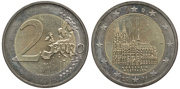 ФРГ 2 евро 2011 F, серия федеральные земли, Северный Рейн-Вестфалия, Кельнский собор KM 293 биметалл 3856-657