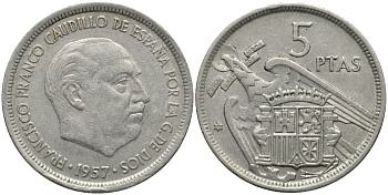 Испания 5 песет 1957 (71) Франсиско Франко (1939-1975) KM 786 медно-никель 4171-455