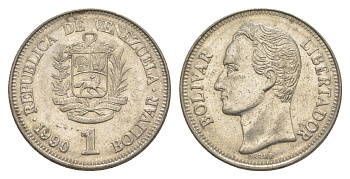 Венесуэла 1 боливар 1990 Симон Боливар, толстый шрифт Y 52a.2 сталь плакированная никелем 4591-1013