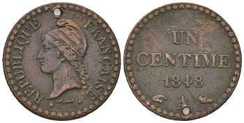 Франция 1 сантим 1848 A, с отверстием KM 754 бронза 4615-636
