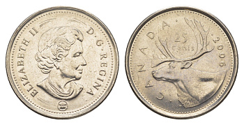 Канада 25 центов 2006 Leaf, Елизавета II (1952-2022), олень KM 493 сталь плакированная никелем UNC 4637-842