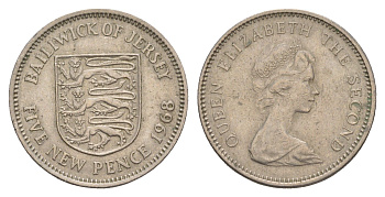 Джерси 5 новых пенсов 1968 герб, Елизавета II (1952-2022) KM 32 медно-никель 4656-1131