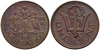 Барбадос 1 цент 1980 FM, сломанный трезубец Британии KM 10 бронза 4602-243