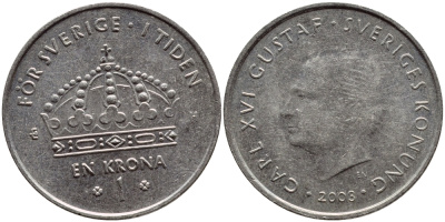 Швеция 1 крона 2003 Карл XVI Густав (1973- ) KM 894 медно-никель 4179-954
