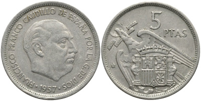 Испания 5 песет 1957 (71) Франсиско Франко (1939-1975) KM 786 медно-никель 4171-455