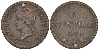 Франция 1 сантим 1848 A, с отверстием KM 754 бронза 4615-636