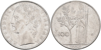 Италия 100 лир 1956 R, Афина в доспехах KM 96.1 нержавеющая сталь 81-1241