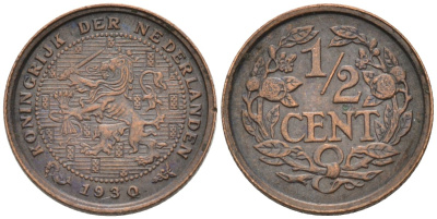 Нидерланды 1/2 цента 1930 Вильгельмина (1890-1948) KM 138 бронза 4576-435