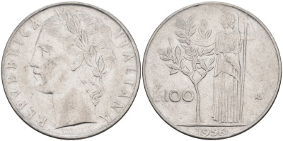 Италия 100 лир 1956 R, Афина в доспехах KM 96.1 нержавеющая сталь 81-1241