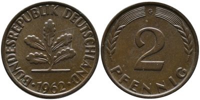 ФРГ 2 пфеннига 1962 G KM 106, J. 381 бронза 99-128