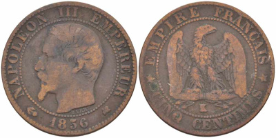 ФРАНЦИЯ 5 САНТИМОВ 1856 K, НАПОЛЕОН III (1852-1870) KM 777.5, LE FRANC 116.34 бронза 108-357