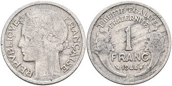 Франция 1 франк 1944 С, тип Lourde KM 885а.3, Le Franc 221.4 алюминий 4126-853