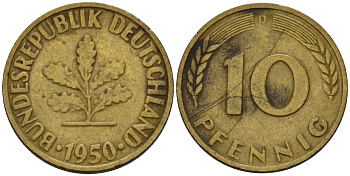 ФРГ 10 пфеннигов 1950 D KM 108, J. 383 сталь плакированная латунью 4603-1135