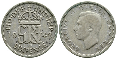 Великобритания 6 пенсов 1942 Георг VI (1936-1952) KM 852, Spink 4084 серебро 89-1726