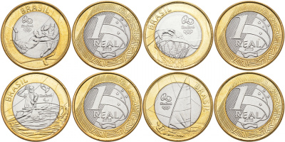 Бразилия набор из 4 монет по 1 реалу 2015 XXXI Олимпийские игры 2016 года в Рио-де-Жанейро (регби, гребля, регата, баскетбол) KM 707, 704, 705, 706 биметалл UNC 3459-652-655
