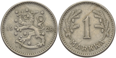 ФИНЛЯНДИЯ 1 МАРКА 1928 S KM 30 медно-никель 28-143