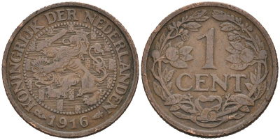 Нидерланды 1 цент 1916 Вильгельмина (1890-1948) KM 152 бронза 4576-716