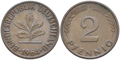 ФРГ 2 ПФЕННИГА 1964 F KM 106, J. 381 бронза 116-322