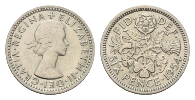 Великобритания 6 пенсов 1954 Елизавета II (1952-2022) KM 903, Spink 4149 медно-никель 4651-1151