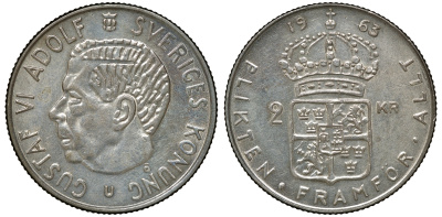 Швеция 2 кроны 1963 U, Густав VI Адольф (1950-1973) KM 827 серебро 4179-1336