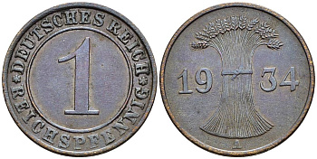 ГЕРМАНИЯ 1 РЕЙХСПФЕННИГ 1934 A KM 37, J. 313, Weege 2 бронза 4547-169