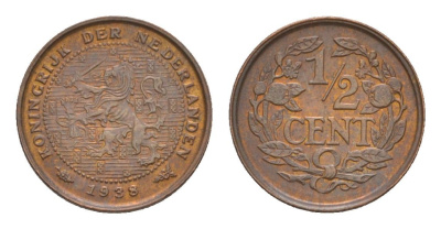 Нидерланды 1/2 цента 1938 Вильгельмина (1890-1948) KM 138 бронза aUNC 4649-859