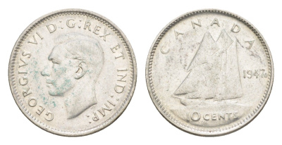 Канада 10 центов 1947 Leaf, Георг VI (1936-1952), парусник KM 34 серебро 4639-552