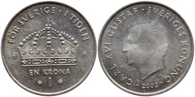 Швеция 1 крона 2003 Карл XVI Густав (1973- ) KM 894 медно-никель 4606-1027