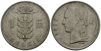 Бельгия 1 франк 1957 KM 143 медно-никель 4177-1036