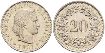 ШВЕЙЦАРИЯ 20 РАППЕНОВ 1961 В KM 29a медно-никель 55-757