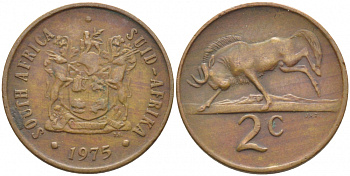 ЮАР 2 цента 1974 герб, антилопа гну KM 83 бронза 110-525