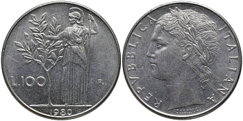 ИТАЛИЯ 100 ЛИР 1980 R, АФИНА KM 96.1 нержавеющая сталь 109-1012