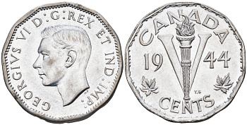Канада 5 центов 1944 Георг VI (1937-1952) KM 40а хромированная сталь UNC 4126-515