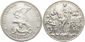 Пруссия 2 марки 1913 A, Вильгельм II (1888-1918), 100 лет победы над Наполеоном J.109, Weege 109, KM 532 серебро 4127-631