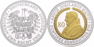 ФРГ МЕДАЛЬ 2007 80 ЛЕТ ПАПЕ БЕНЕДИКТУ XVI, позолота PROOF 1088-4-23