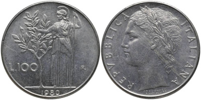 ИТАЛИЯ 100 ЛИР 1980 R, АФИНА KM 96.1 нержавеющая сталь 109-1012