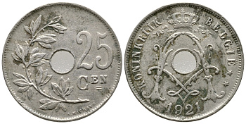 БЕЛЬГИЯ 25 САНТИМОВ 1921 BELGIE KM 69 медно-никель 177-1035