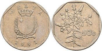 Мальта 50 центов 1991 девясил KM 98 медно-никель 216-1135