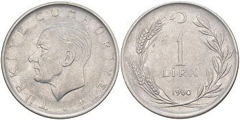 Турция 1 лира 1960 Мустафа Кемаль Ататюрк KM 889а.1 нержавеющая сталь 215-731