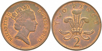Великобритания 2 пенса 1987 Елизавета II (1952-2022) KM 936, Spink 4376 (C3) бронза 212-1252