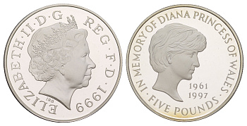 Великобритания 5 фунтов 1999 Принцесса Диана, в оригинальной упаковке, с сертификатом подлинности KM 997a, Spink L6 серебро PROOF 4-3-1-24