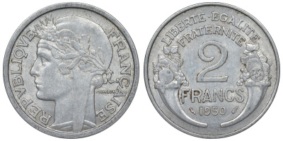 Франция 2 франка 1950 KM 886а.1, Le Franc 269.16 алюминий 4123-411