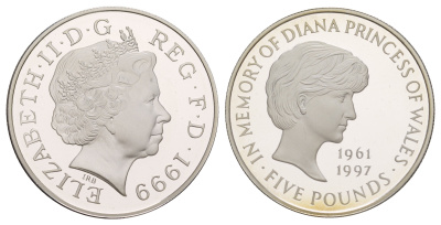 Великобритания 5 фунтов 1999 Принцесса Диана, в оригинальной упаковке, с сертификатом подлинности KM 997a, Spink L6 серебро PROOF 4-3-1-24
