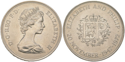 Великобритания 25 пенсов 1972 25 лет со дня свадьбы Елизавтеы II И Филлипа (1947-1972, серебрянная свадьба), Елизавета II (1952-2022) KM 917, Spink 4226 медно-никель UNC 00-1067-4-11